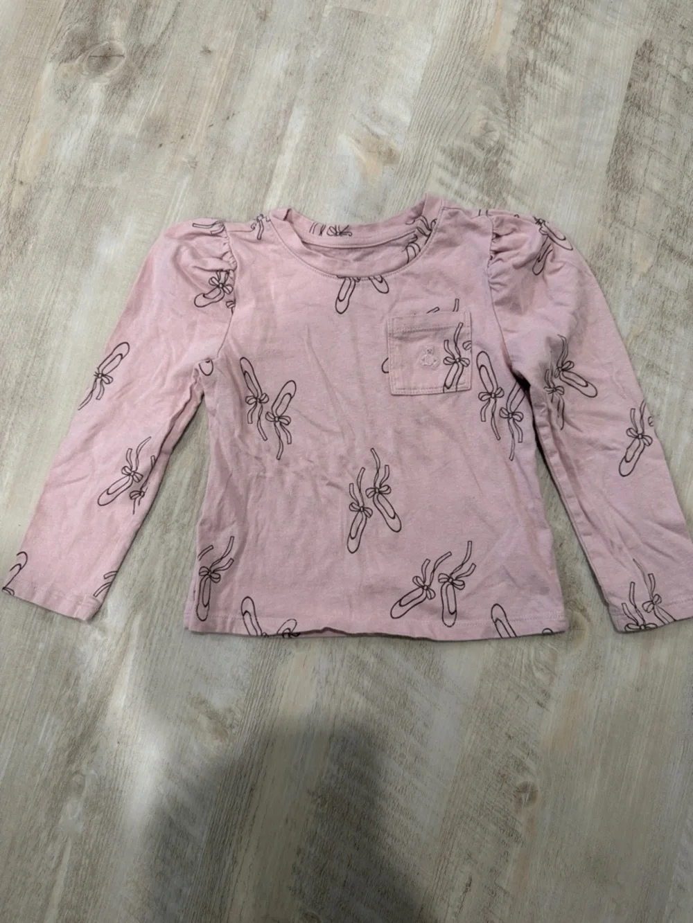 Girls' Pink Long-Sleeve Top with Ballet Shoe Print